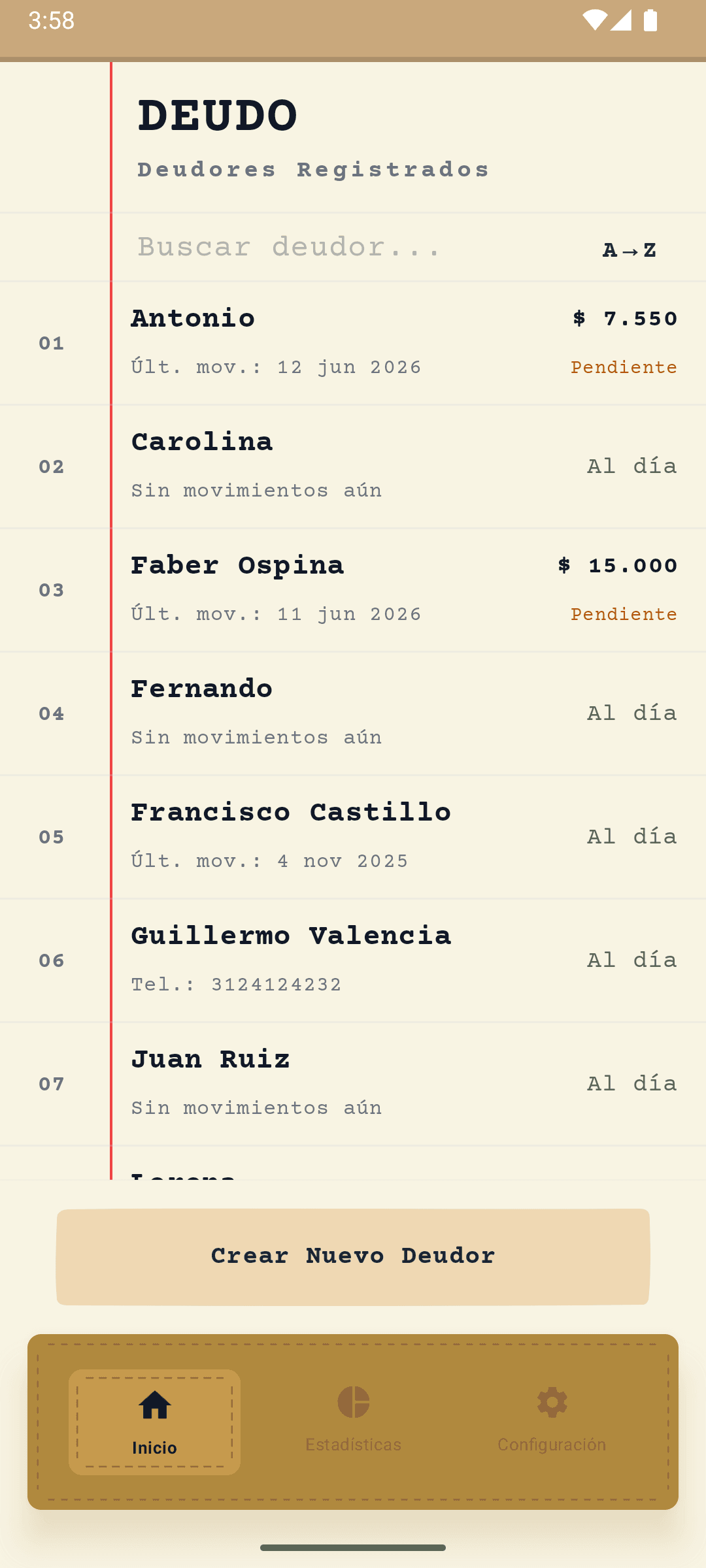 Pantalla principal de Deudo con el resumen de fiados y ventas