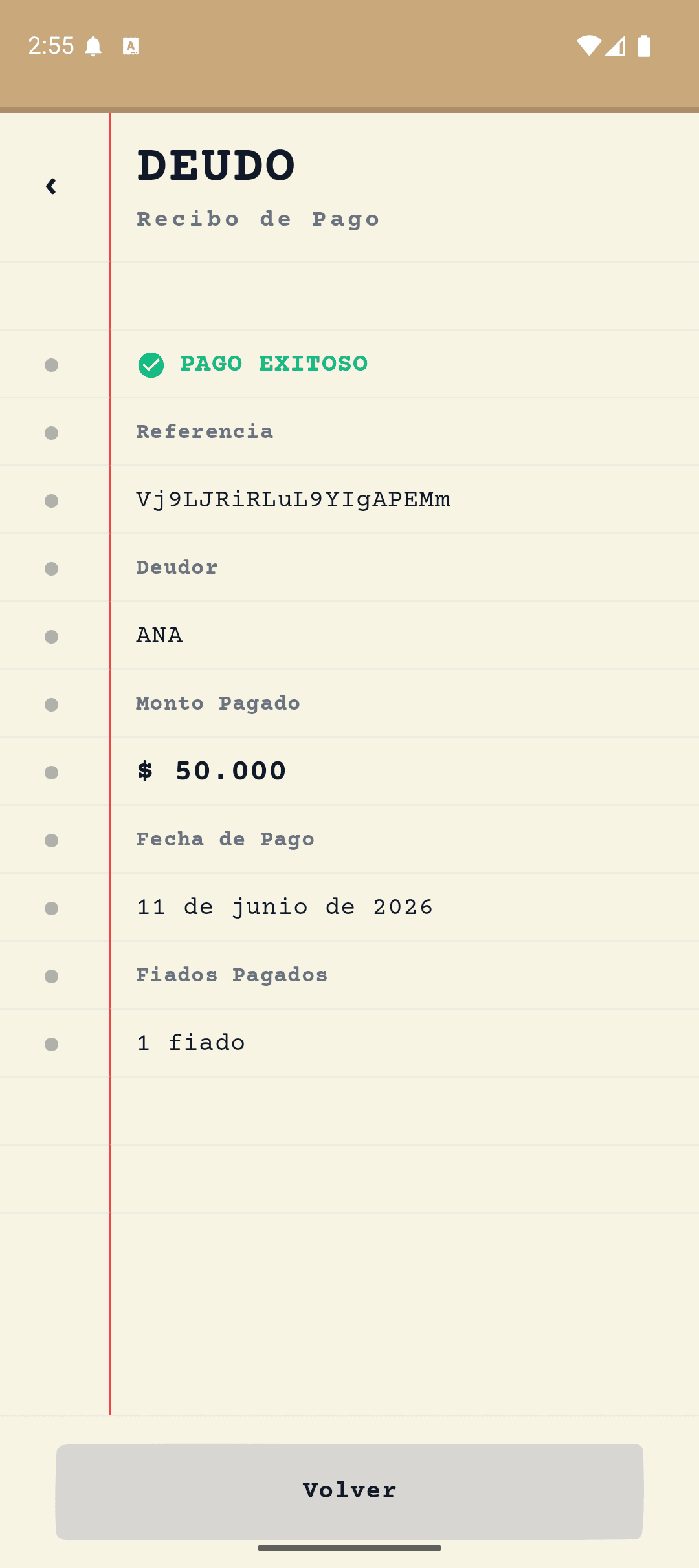 Recibo de pago en la aplicación Deudo